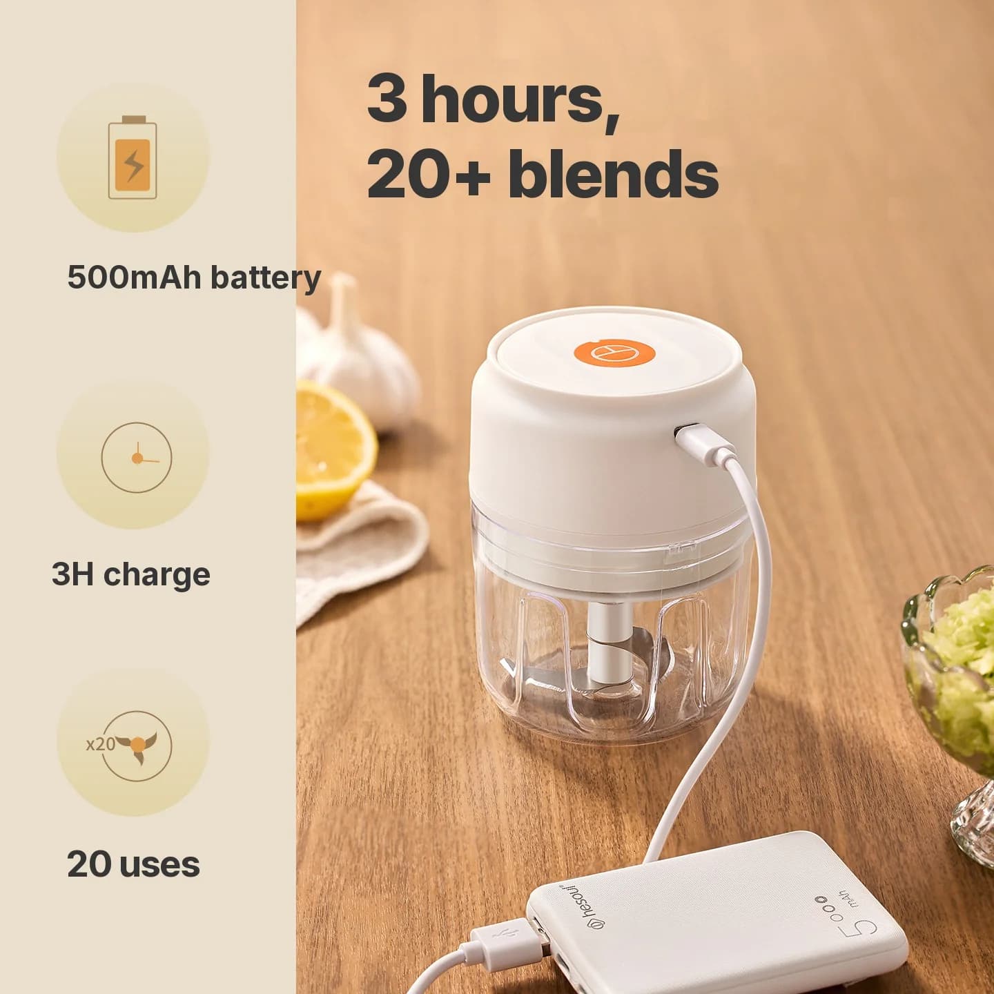 Безжична електрическа чаша за чопър за чесън 250mL 5V 30W пластмаса