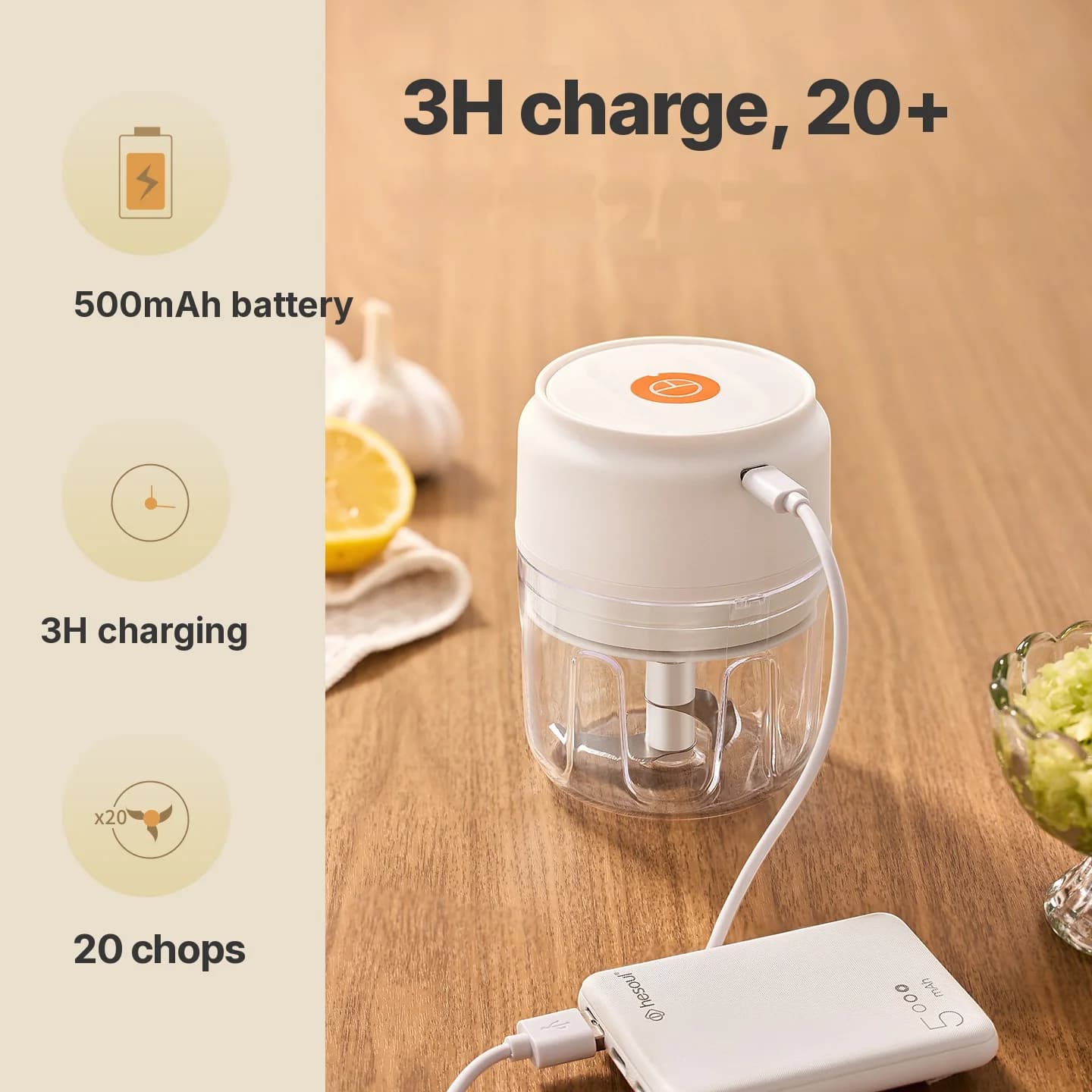 Безжичен електрически чопър за чесън 250mL 5V 30W Пластмаса
